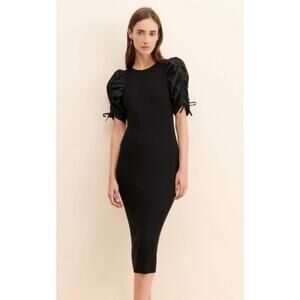 En Saison Free People Maxime Midi Dress Black SIZE S Puff Sleeve Ribbed Knit New